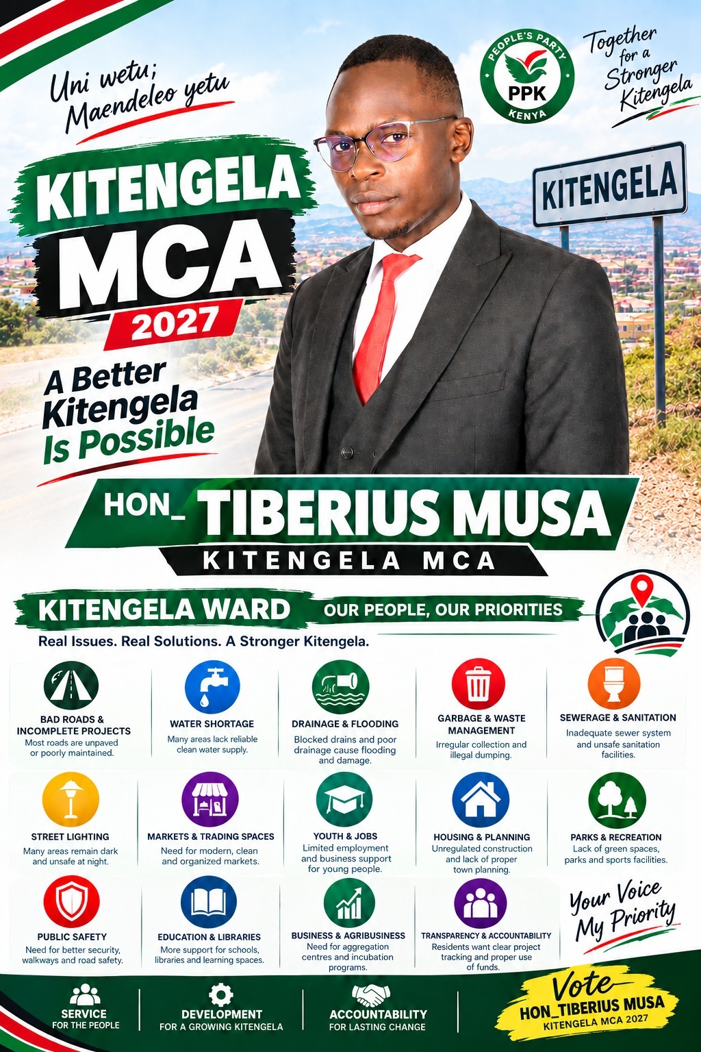 Tiberius Musa, aspiring Kitengela MCA 2027, promoting accountable leadership and better services.